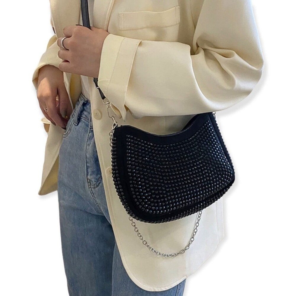 Black Rhinestone Detail Chain Strap Crossbody Bag